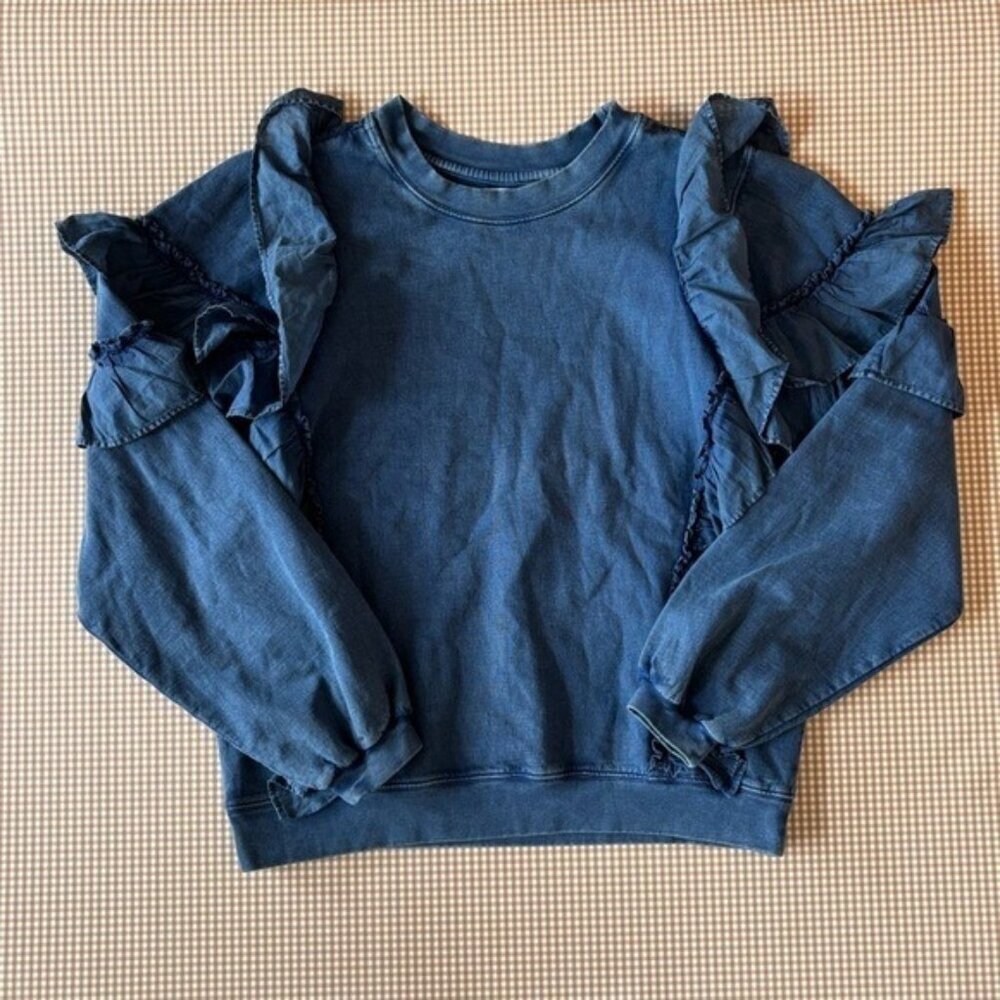 Tularosa blue pullover sweatshirt w/ruffles 100% cotton Size Small Revolve Boho